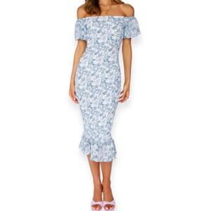 Hello Molly Blue Floral Smocked Midi Dress Off Shoulder Ruffle Hem Sz Medium